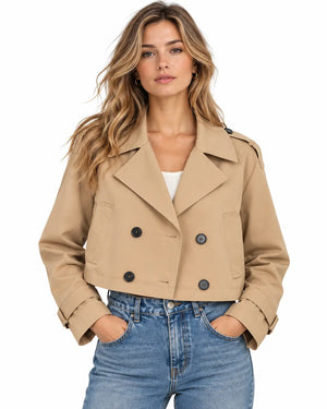 Trench Femme - Court Oversize Col Cranté Croisé Épaulettes Kaki porté
