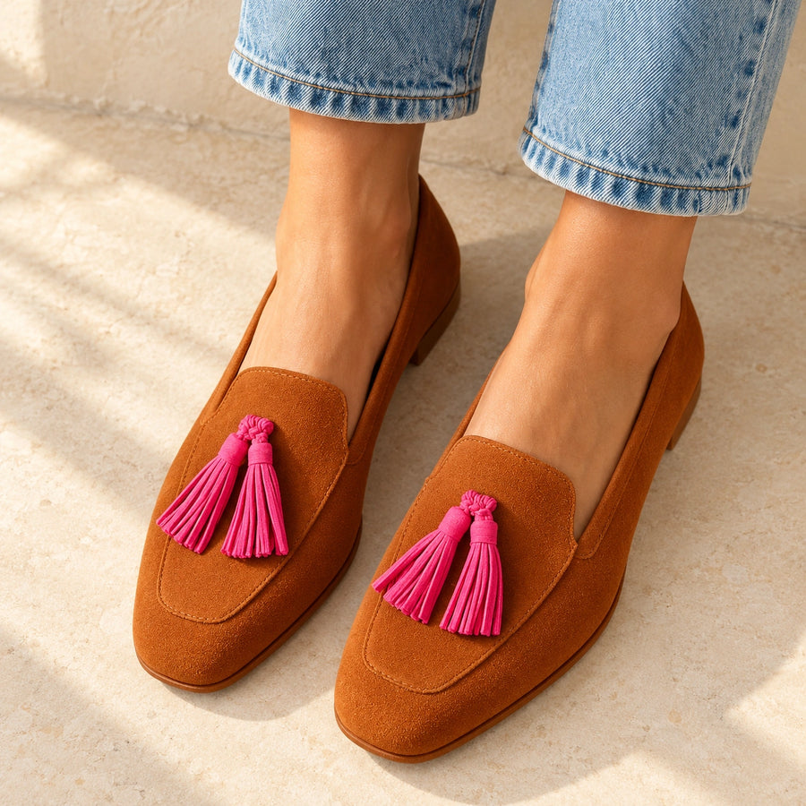 Mocassins Loafers Femme Effet Daim Camel à Glands Roses marron rose – porté vu du dessus