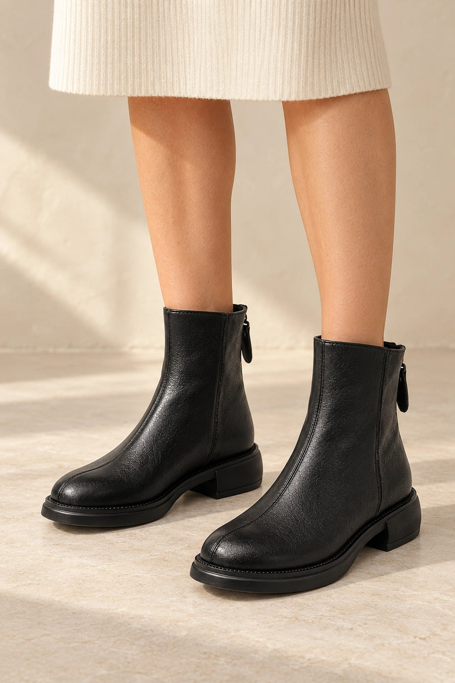 Bottines Femme en Cuir Hauteur Cheville Automne Hiver noir – porté cadré sous les genoux