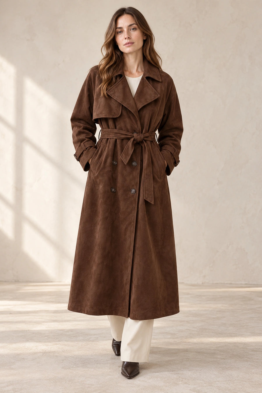 Trench brun foncé ceinturé femme brun foncé – porté en mouvement, longueur visible