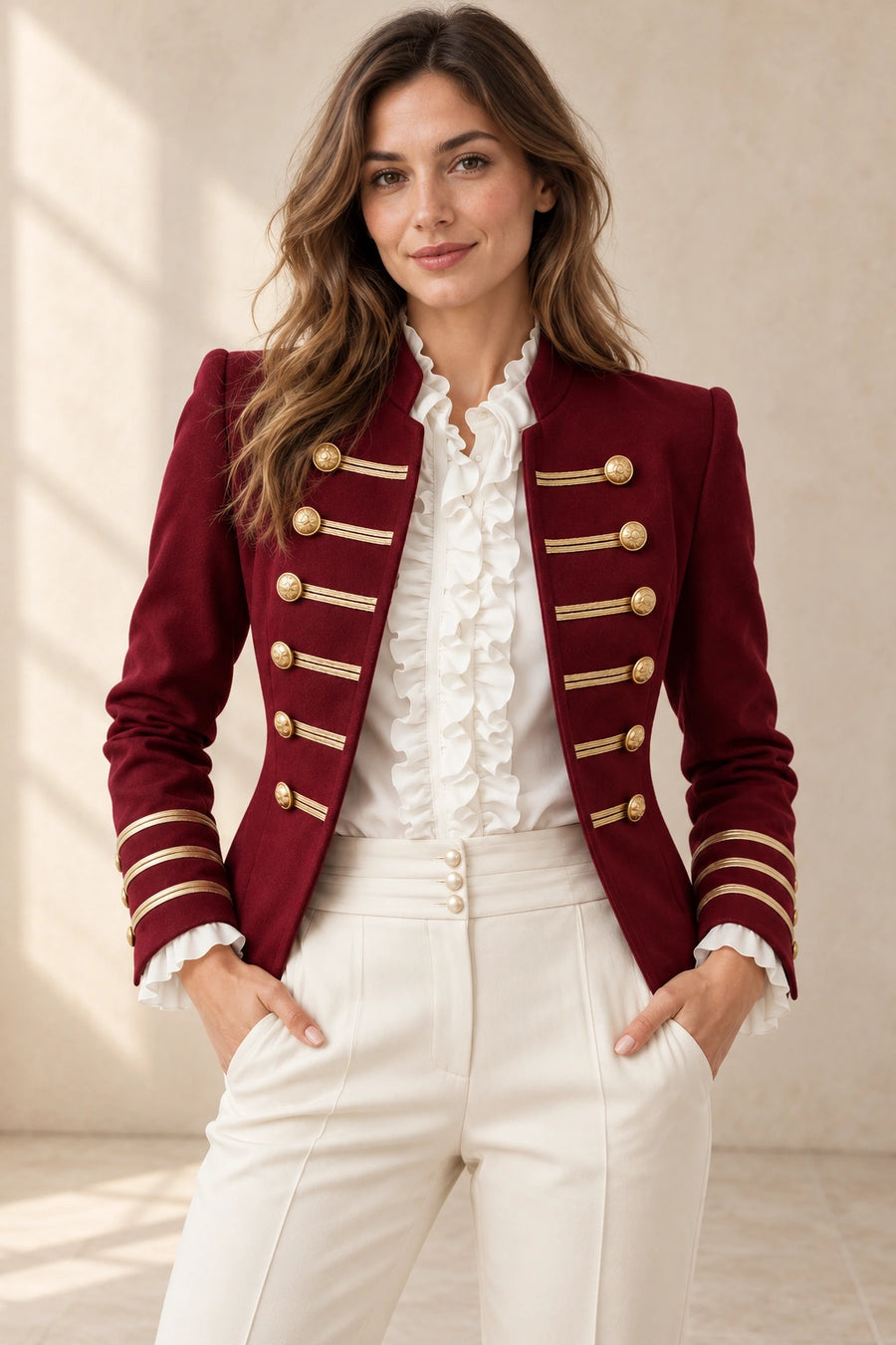 Blazer Femme Style Officier à Boutons Dorés Veste de Bureau bordeaux – porté de face