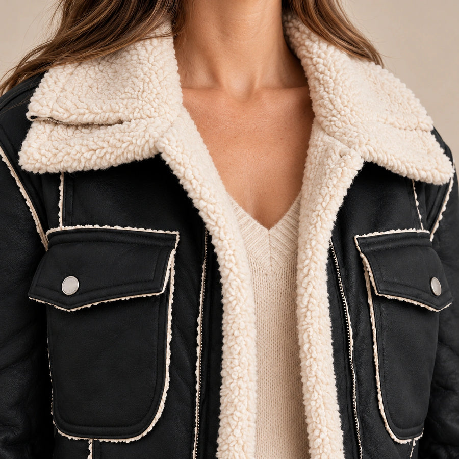 Veste Aviateur Courte Femme Col Oversize Fermeture Zippée noir – détail col et fermeture
