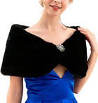 Women's Faux Fur Shawl – Satin Lining and Front Clasp - Black