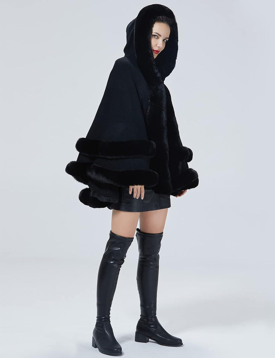 Women's Hooded Poncho Cape – Faux Fur Trim, Hook Closure
