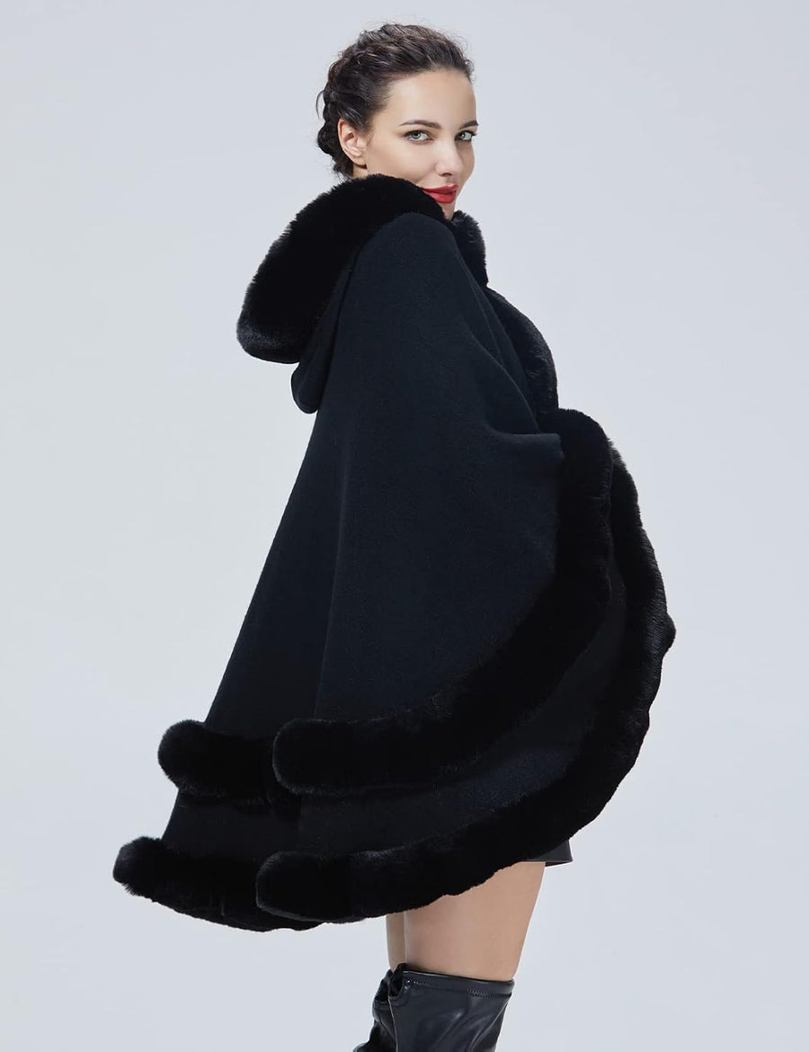 Women's Hooded Poncho Cape – Faux Fur Trim, Hook Closure