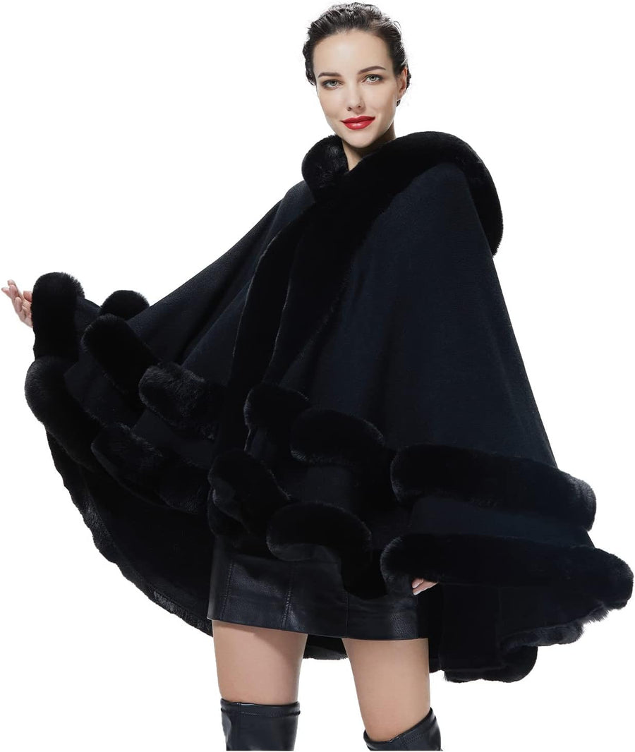Women's Hooded Poncho Cape – Faux Fur Trim, Hook Closure