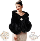 Women's Faux Fur Shawl Wrap – Hidden Hooks, 2 Brooches - Black