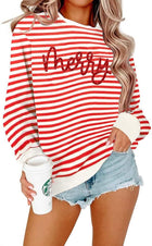 Women's Sequin Glitter Patch Striped Christmas Jumper - Red