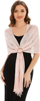 Women's Sparkling Metallic Shawl Wrap – Tassels and Buckle - Rose Gold