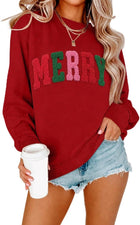 Women's Towel-Embroidered 'Merry' Crewneck Jumper - Red