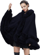 Women's Hooded Poncho Cape – Faux Fur Trim, Hook Closure - Dark Blue