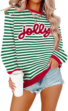 Women's Sequin 'Holly Jolly' Letter Striped Christmas Jumper - Green Stripe