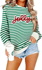 Women's Sequin Glitter Patch Striped Christmas Jumper - Green