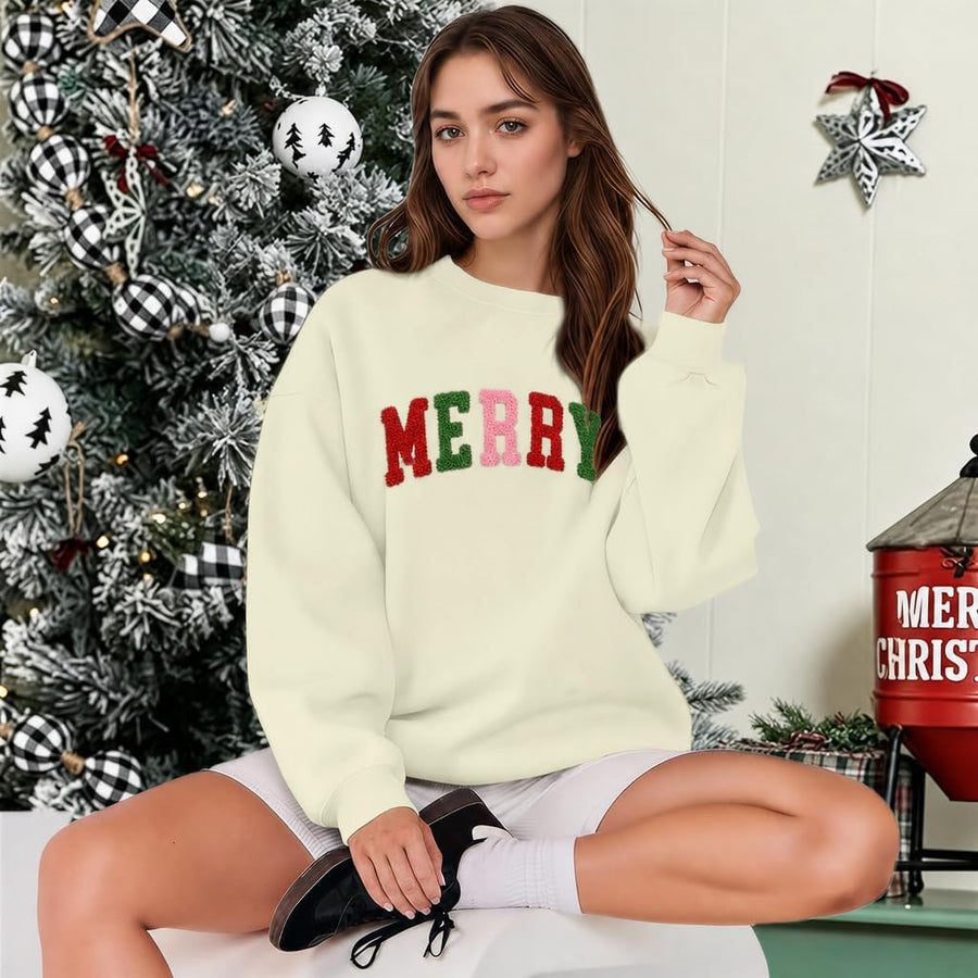 Women's Towel-Embroidered 'Merry' Crewneck Jumper