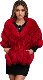 Women's Faux Fox Fur Shawl Wrap – Two Pockets - Red