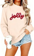 Women's Jolly Glitter Patch Crewneck Christmas Jumper - Apricot