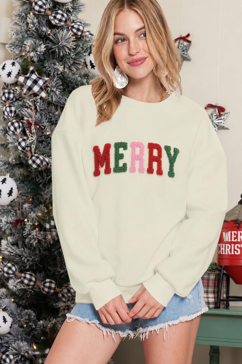 Women's Towel-Embroidered 'Merry' Crewneck Jumper