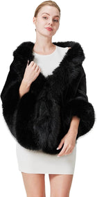 Women's Long Faux Fur Wrap Cape – Lined, 170 cm - Black