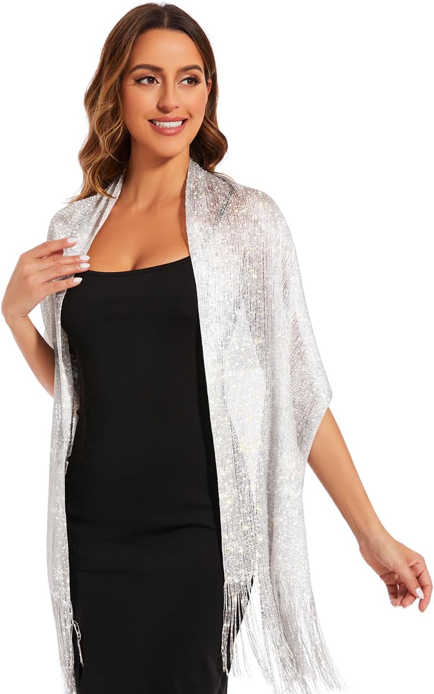 Women's Sparkling Metallic Shawl Wrap – Tassels and Buckle