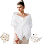 Women's Faux Fur Stole Wrap – Satin Lining, 2 Brooches - White