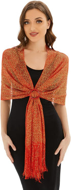 Women's Sparkling Metallic Shawl Wrap – Tassels and Buckle - Christmas Red & Green