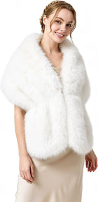 Women's Faux Fur Shawl Wrap – Hidden Metal Clasp - White