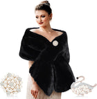 Women's Faux Fur Stole Wrap – Satin Lining, 2 Brooches - Black