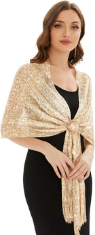 Women's Sparkling Metallic Shawl Wrap – Tassels and Buckle - Champagne