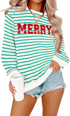 Women's Chenille 'Merry' Striped Christmas Jumper - Green