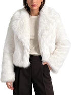 Women's Fluffy Faux Fur Cropped Jacket – Shawl Collar - White