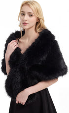 Women's Fluffy Faux Fur Shawl Wrap – Polyester Lined - Black