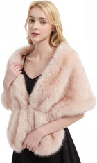 Women's Fluffy Faux Fur Shawl Wrap – Polyester Lined - Beige Mix Pink