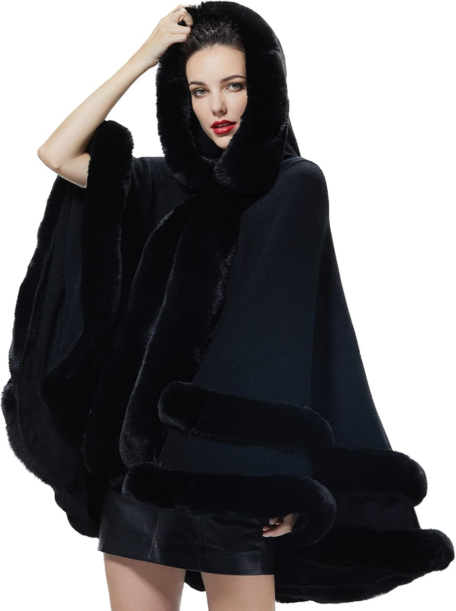 Women's Hooded Poncho Cape – Faux Fur Trim, Hook Closure