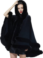 Women's Hooded Poncho Cape – Faux Fur Trim, Hook Closure - Black
