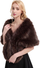 Women's Fluffy Faux Fur Shawl Wrap – Polyester Lined - Coffee