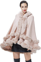 Women's Hooded Poncho Cape – Faux Fur Trim, Hook Closure - Pink