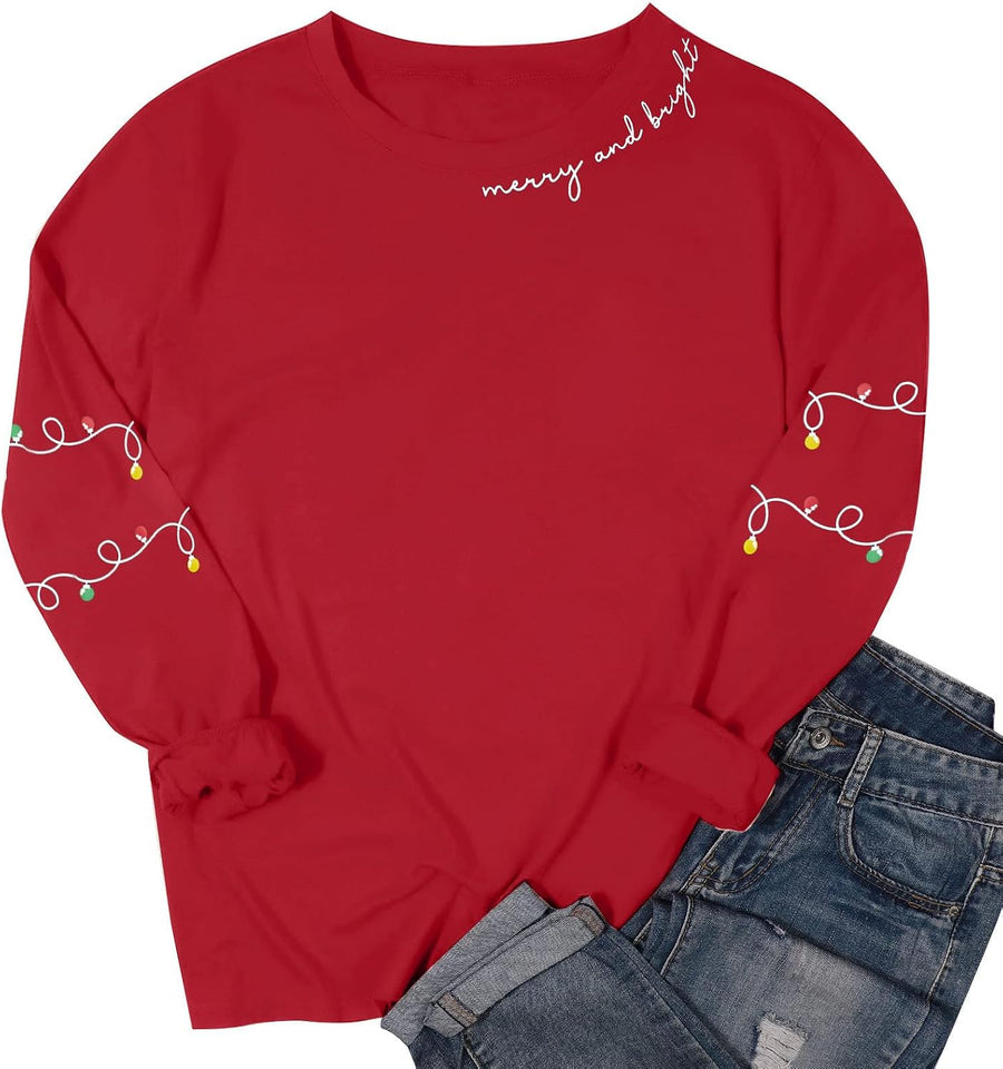 Women's Christmas Light Print Sleeve Crewneck Jumper