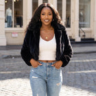Women's Faux Fur Cropped Jacket – Lapel Collar - Army Green