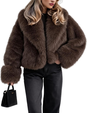 Women's Fluffy Faux Fur Cropped Jacket – Shawl Collar