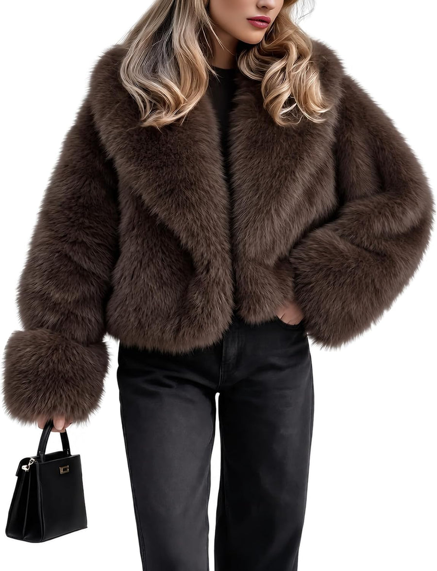 Women's Fluffy Faux Fur Cropped Jacket – Shawl Collar