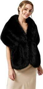 Women's Faux Fur Shawl Wrap – Hidden Metal Clasp - Black