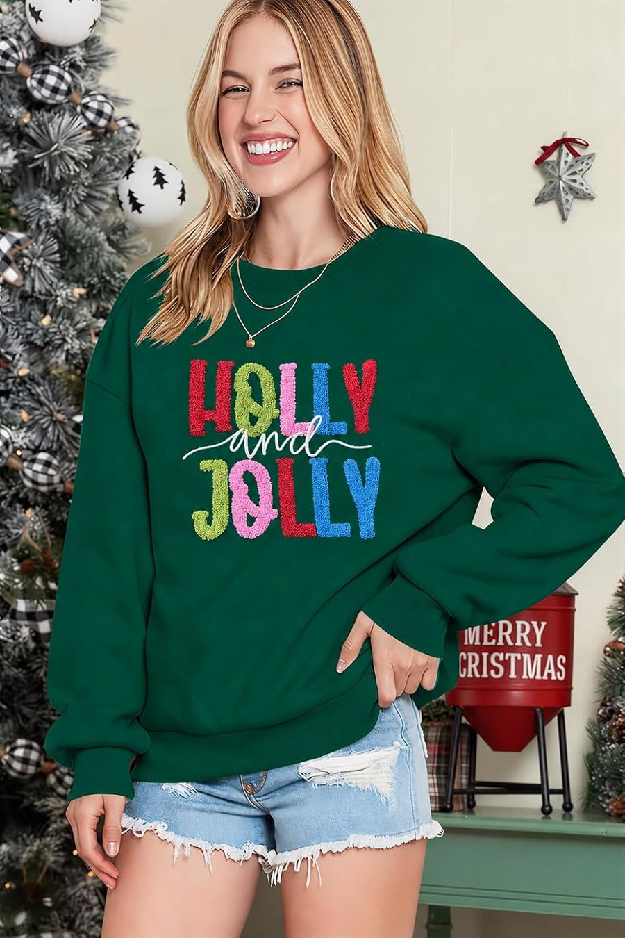 Women's 'Holly and Jolly' Embroidered Christmas Jumper