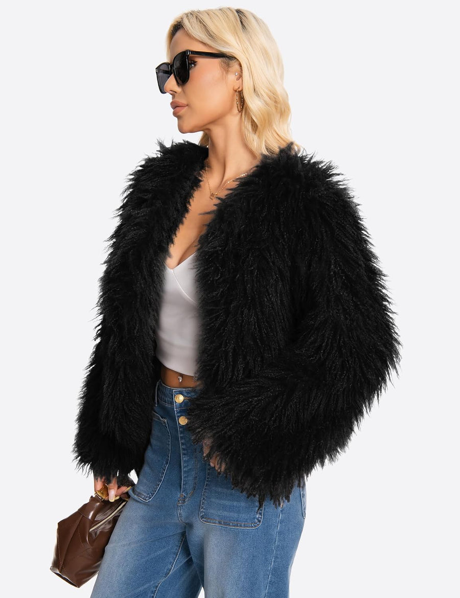 Women's Fuzzy Faux Fur Jacket – Concealed Button Closure