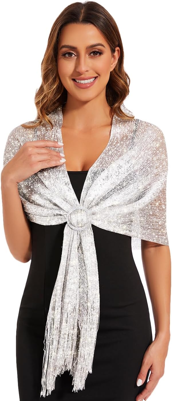 Women's Sparkling Metallic Shawl Wrap – Tassels and Buckle