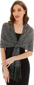 Women's Sparkling Metallic Shawl Wrap – Tassels and Buckle - Black & Silver