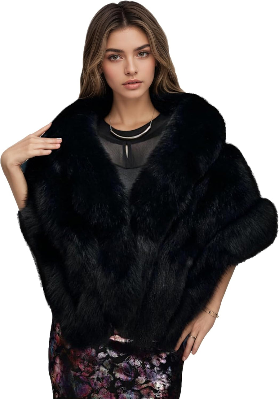 Women's Faux Fox Fur Shawl Wrap – Two Pockets
