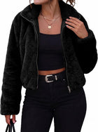 Women's Faux Fur Cropped Jacket – Full Zip Lapel Collar - Black