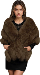 Women's Faux Fox Fur Shawl Wrap – Two Pockets - Brown