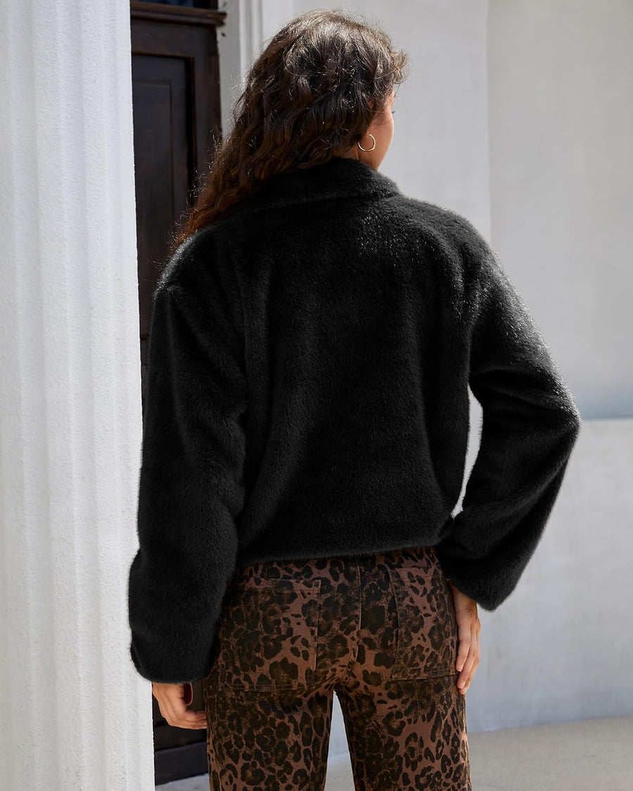 Women's Faux Fur Cropped Jacket – Full Zip Lapel Collar