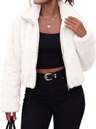 Women's Faux Fur Cropped Jacket – Full Zip Lapel Collar - Cream White